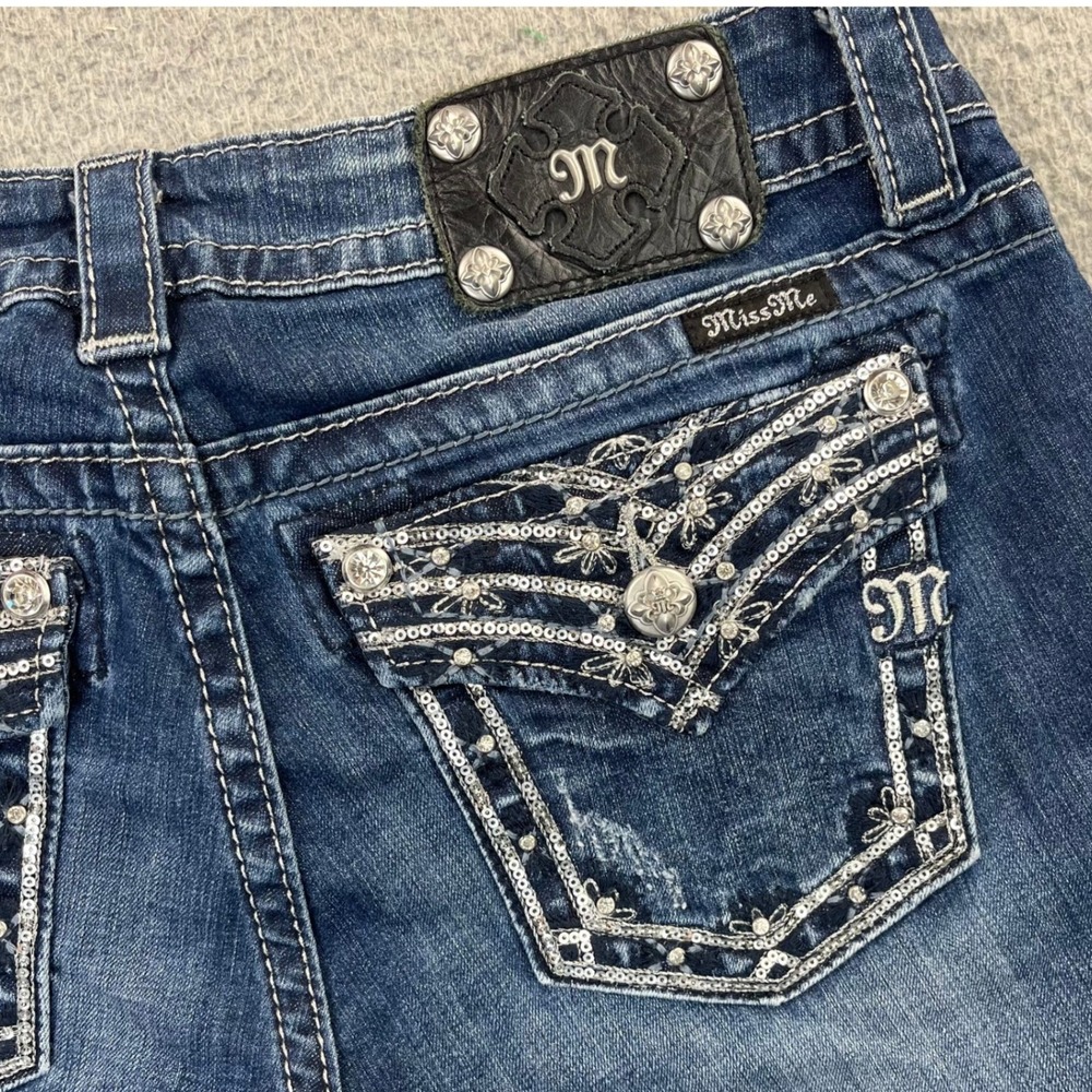 Miss Me Bootcut Jeans Womens 29 Blue Signature Rise Distressed Rhinestone Pants
